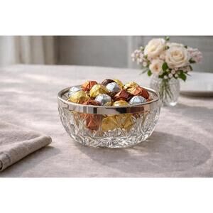 Raimond England 1950s Hand-Cut Crystal Serving Bowl Silver-Plated Rim, 8x4”